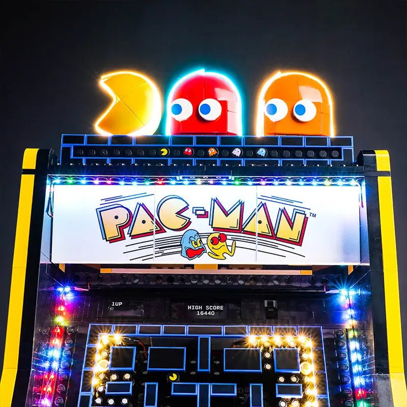 Bright My Bricks premium LED light kit for LEGO® PAC-Man Arcade #10323 — side angle with lights on