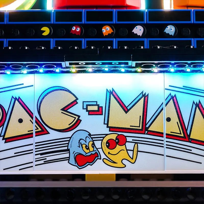 LEGO® PAC-Man Arcade #10323 before-and-after lighting, with the LED lights