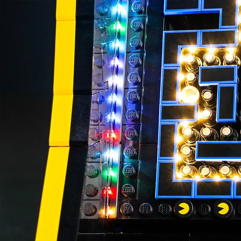 illuminated at night: Bright My Bricks custom LED lighting for LEGO® PAC-Man Arcade #10323