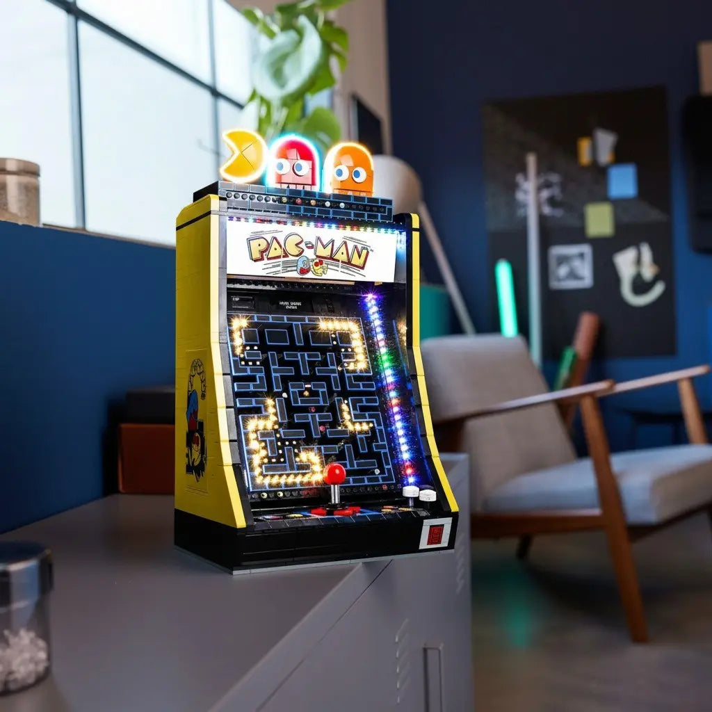 LEGO® PAC-Man Arcade #10323 side angle with lights on, with the LED light kit