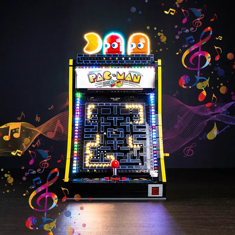 LEGO PAC-Man Arcade #10323 illuminated at night