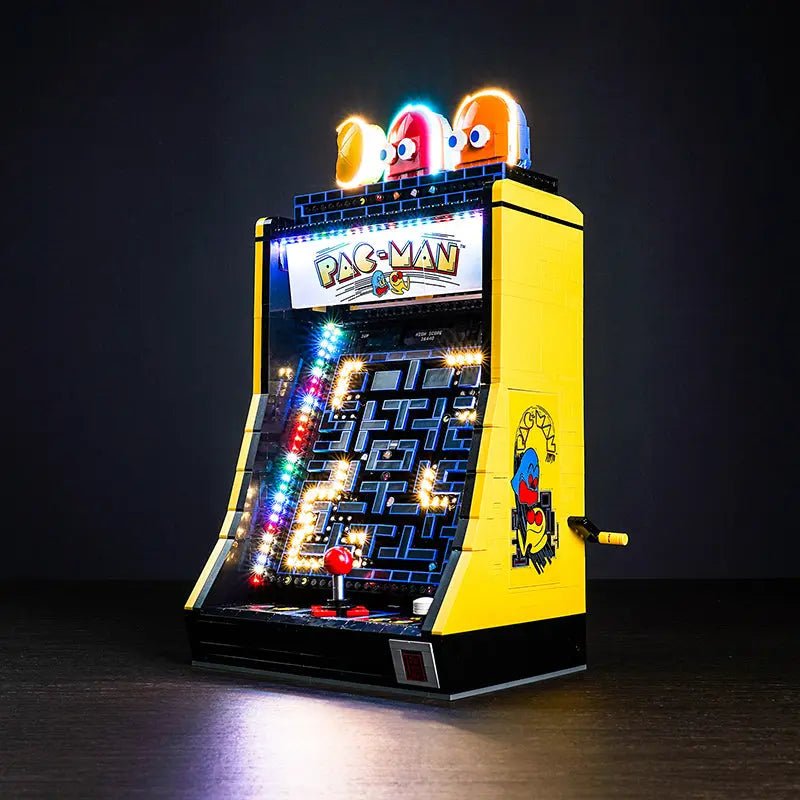 Close-up of LED lights on LEGO PAC-Man Arcade #10323
