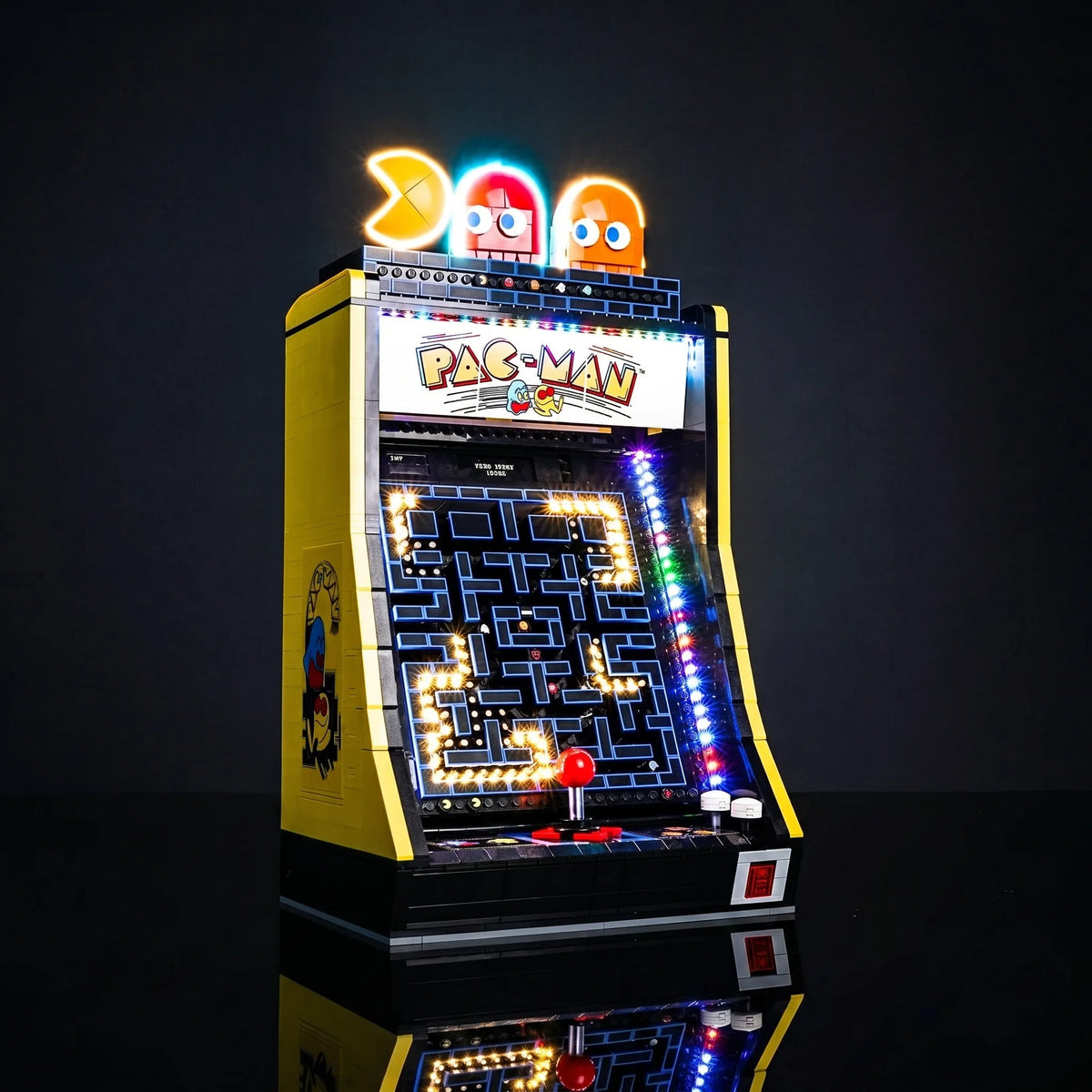 LEGO® PAC-Man Arcade #10323 LED kit powered on, with the LED lights