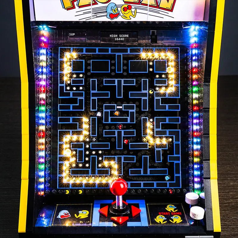 LEGO® PAC-Man Arcade #10323 before-and-after lighting, with the display light kit