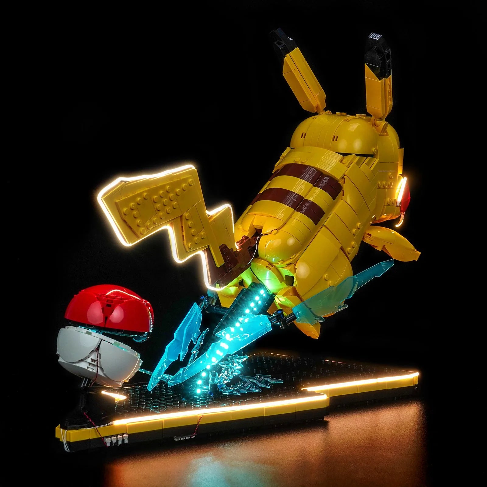 LEGO Pikachu and Poke Ball #72152 illuminated at night