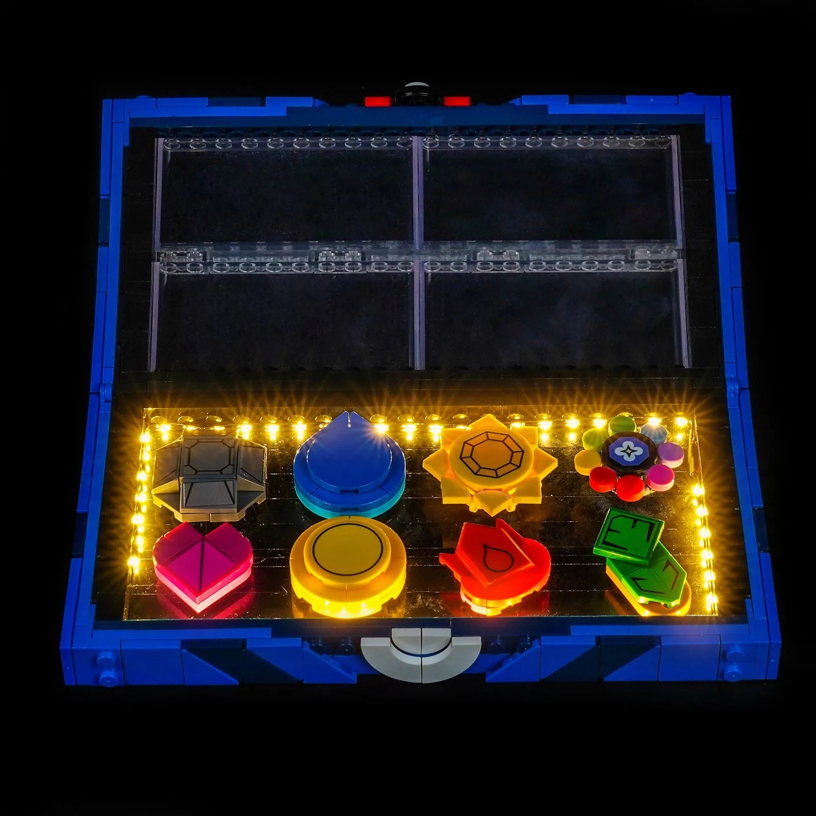 LEGO® Pokemon Kanto Region Badge Collection #40892 warm LED glow detail, with the custom LED lighting