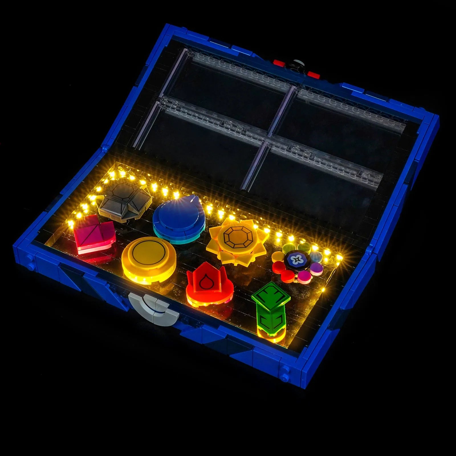 RGB LED light kit for LEGO® Pokemon Kanto Region Badge Collection #40892, showcase lighting view