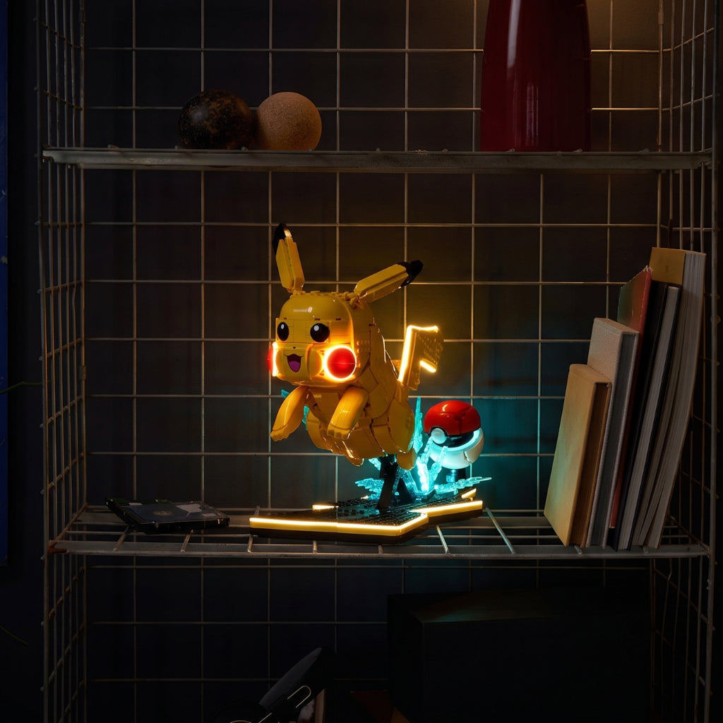 LEGO® Pokémon Pikachu and Poké Ball #72152 installed and glowing, with the LED light kit