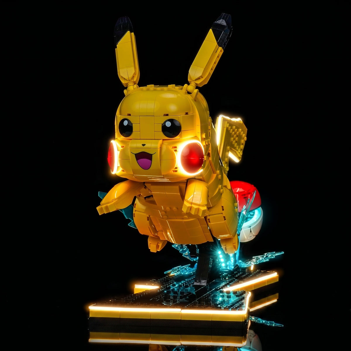 LEGO® Pokémon Pikachu and Poké Ball #72152 — side angle with lights on (USB-powered LED light kit)