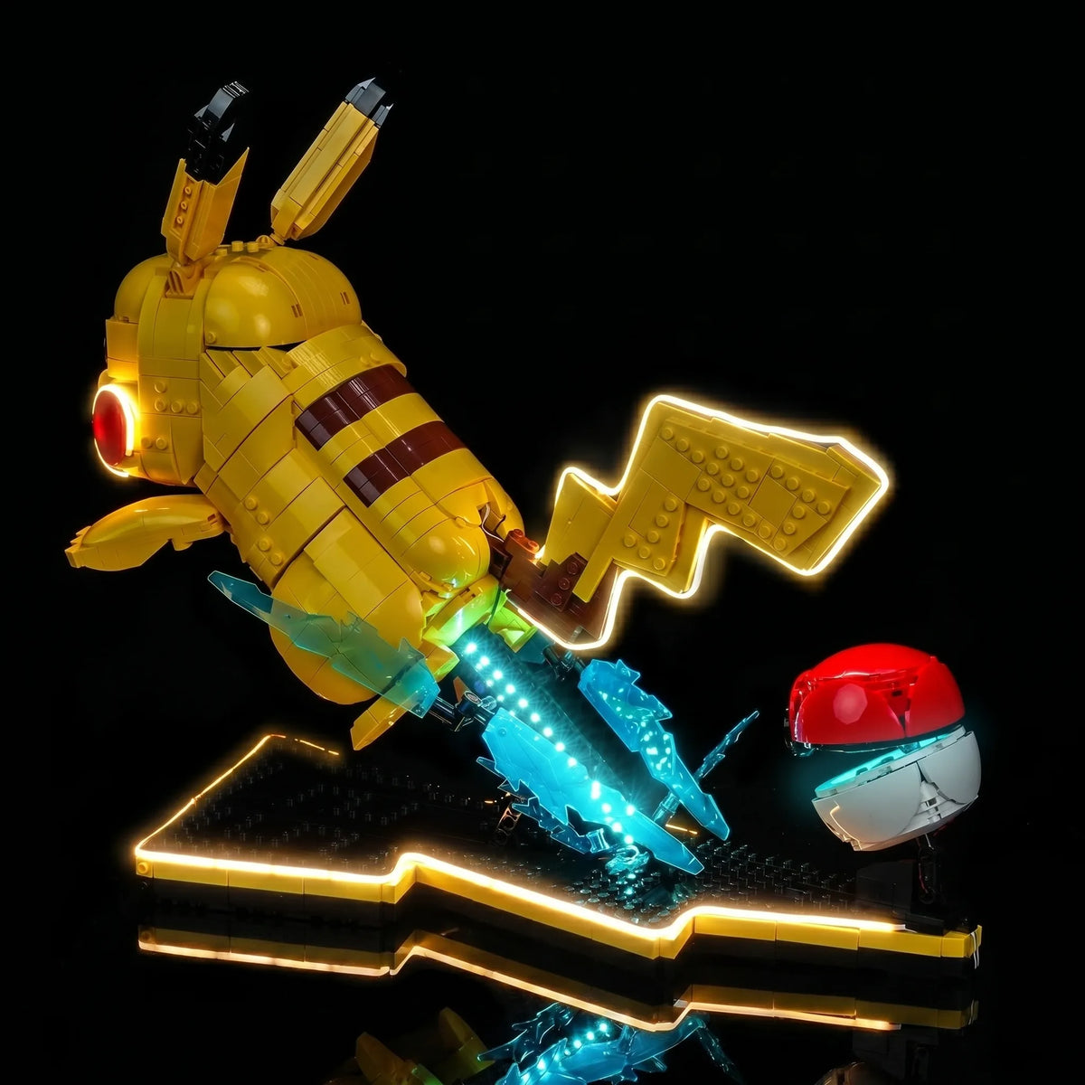 Bright My Bricks RGB LED light kit for LEGO® Pokémon Pikachu and Poké Ball #72152 — fully illuminated on display