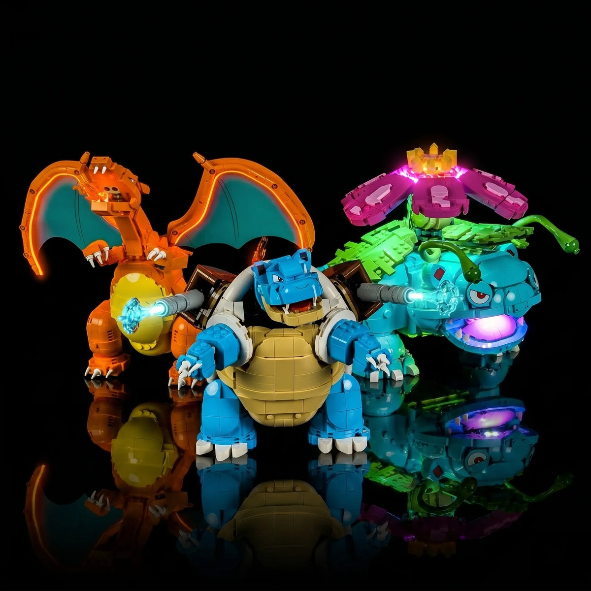 LEGO® Pokémon Venusaur Charizard Blastoise #72153 — front view fully lit (LED lighting kit)