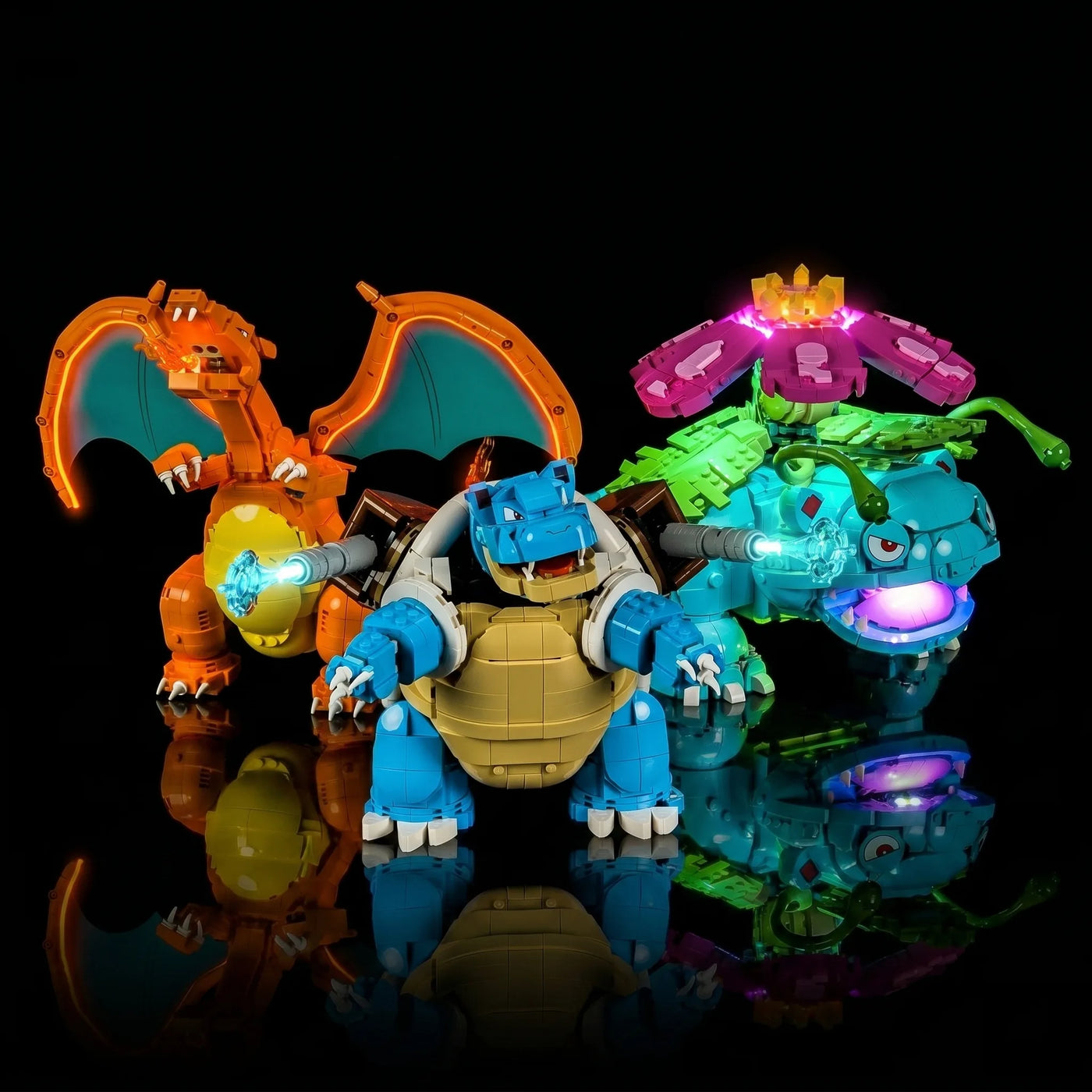 LEGO® Pokémon Venusaur Charizard Blastoise #72153 — front view fully lit (LED lighting kit)