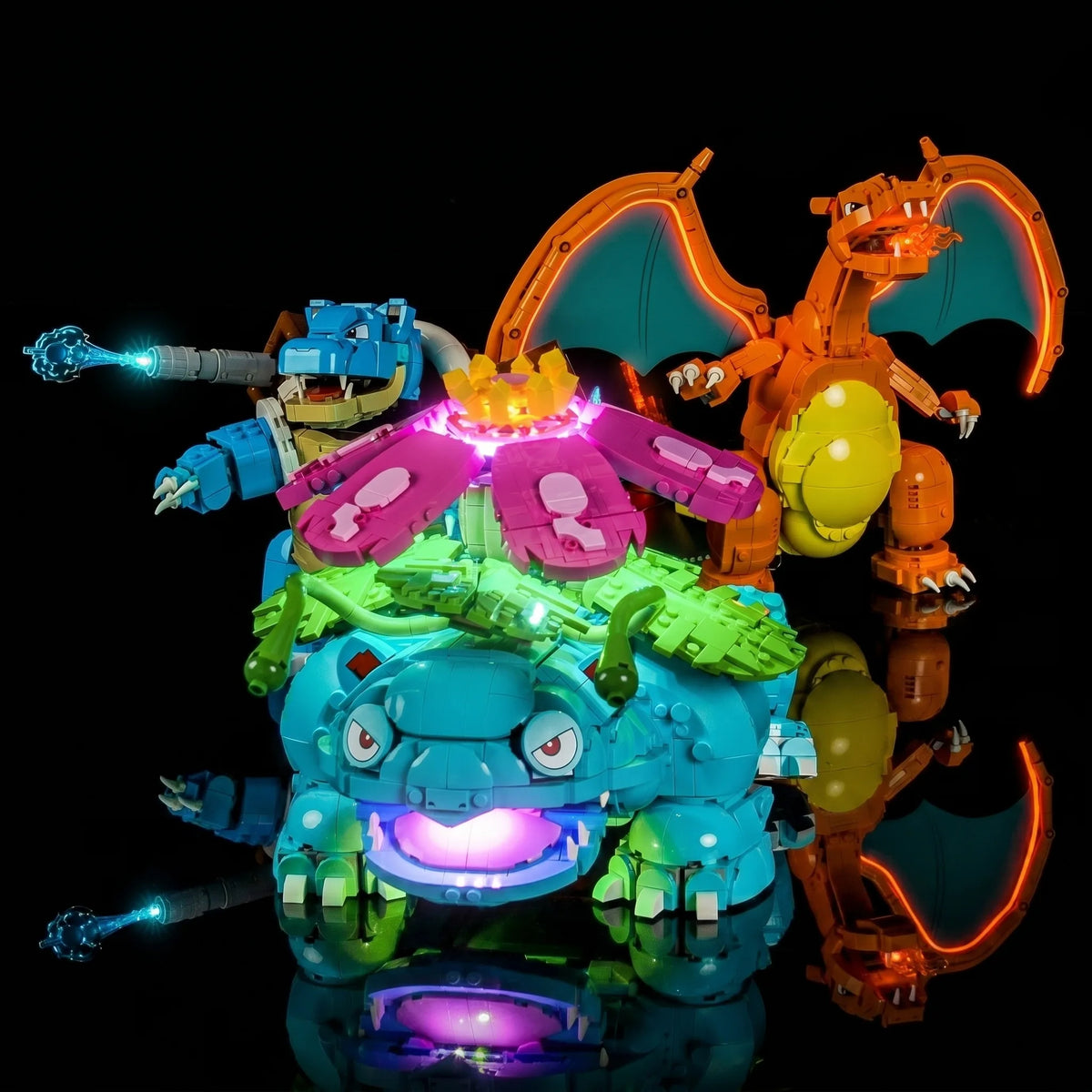 LEGO® Pokémon Venusaur Charizard Blastoise #72153 — brightened interior detail (LED light kit)