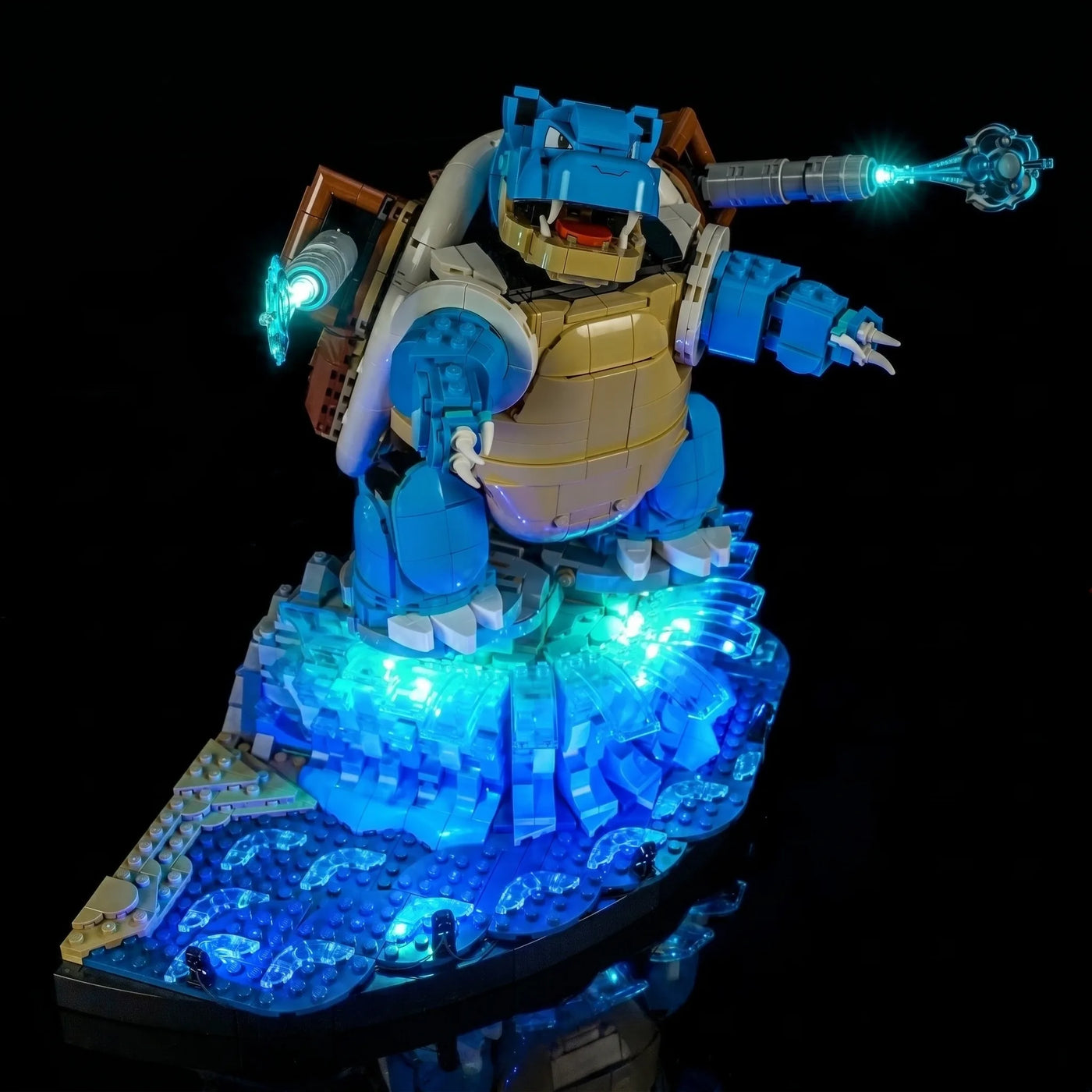 LEGO® Pokémon Venusaur Charizard Blastoise #72153 display lighting in a dark room, with the custom LED lighting