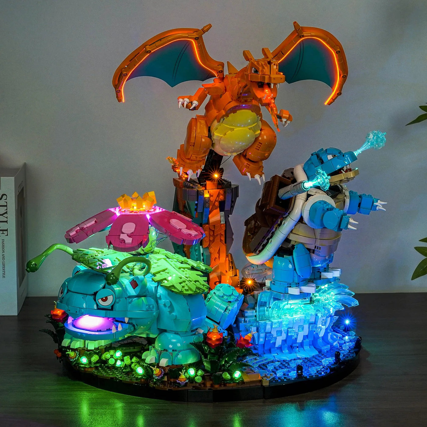 Bright My Bricks custom LED lighting for LEGO® Pokémon Venusaur Charizard Blastoise #72153 — side angle with lights on