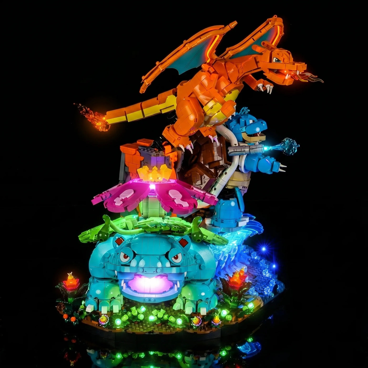 LEGO® Pokémon Venusaur Charizard Blastoise #72153 — LED kit powered on (LED lighting kit)