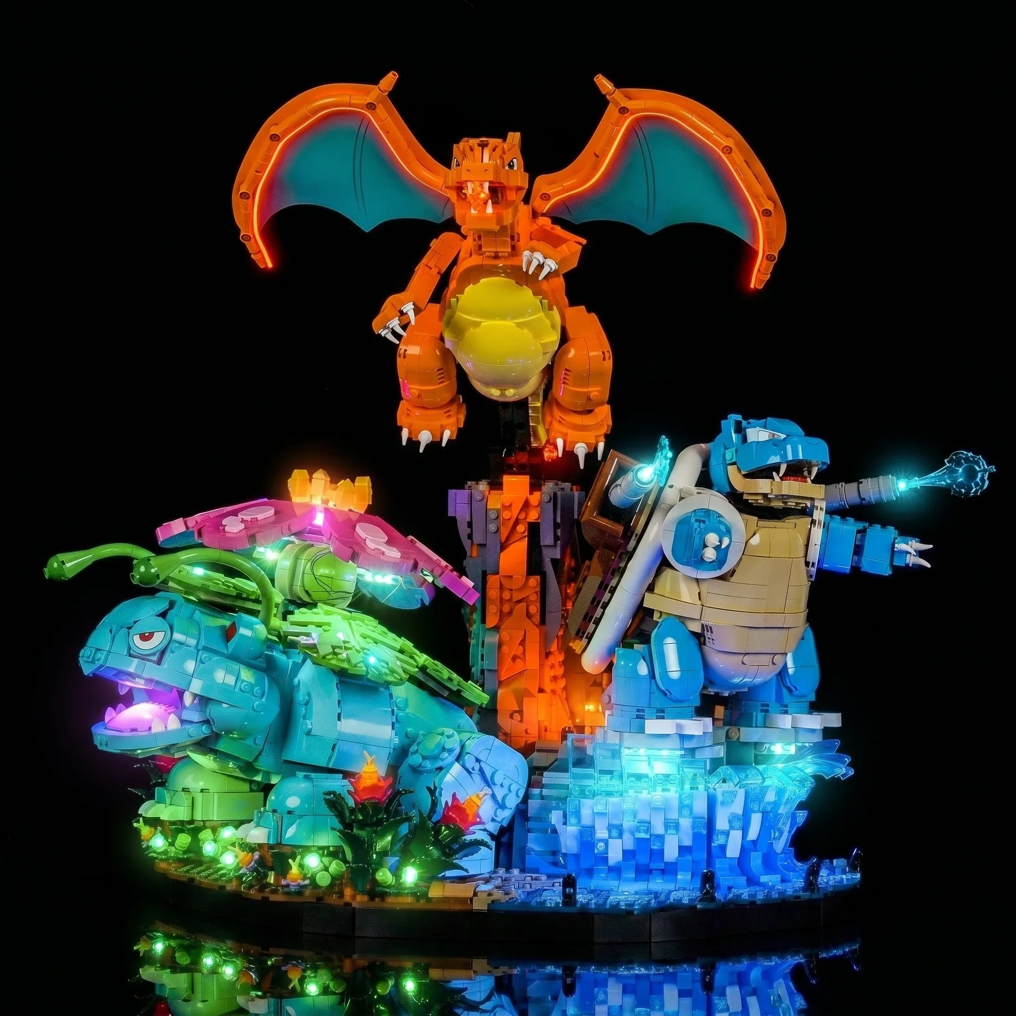 LEGO® Pokémon Venusaur Charizard Blastoise #72153 side angle with lights on, with the RGB LED light kit