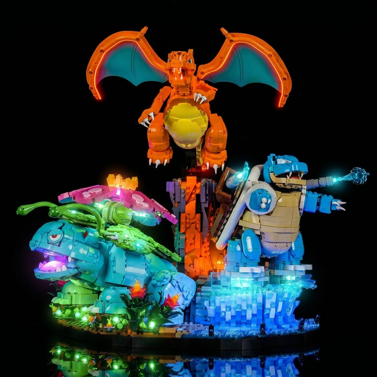 LEGO® Pokémon Venusaur Charizard Blastoise #72153 side angle with lights on, with the RGB LED light kit