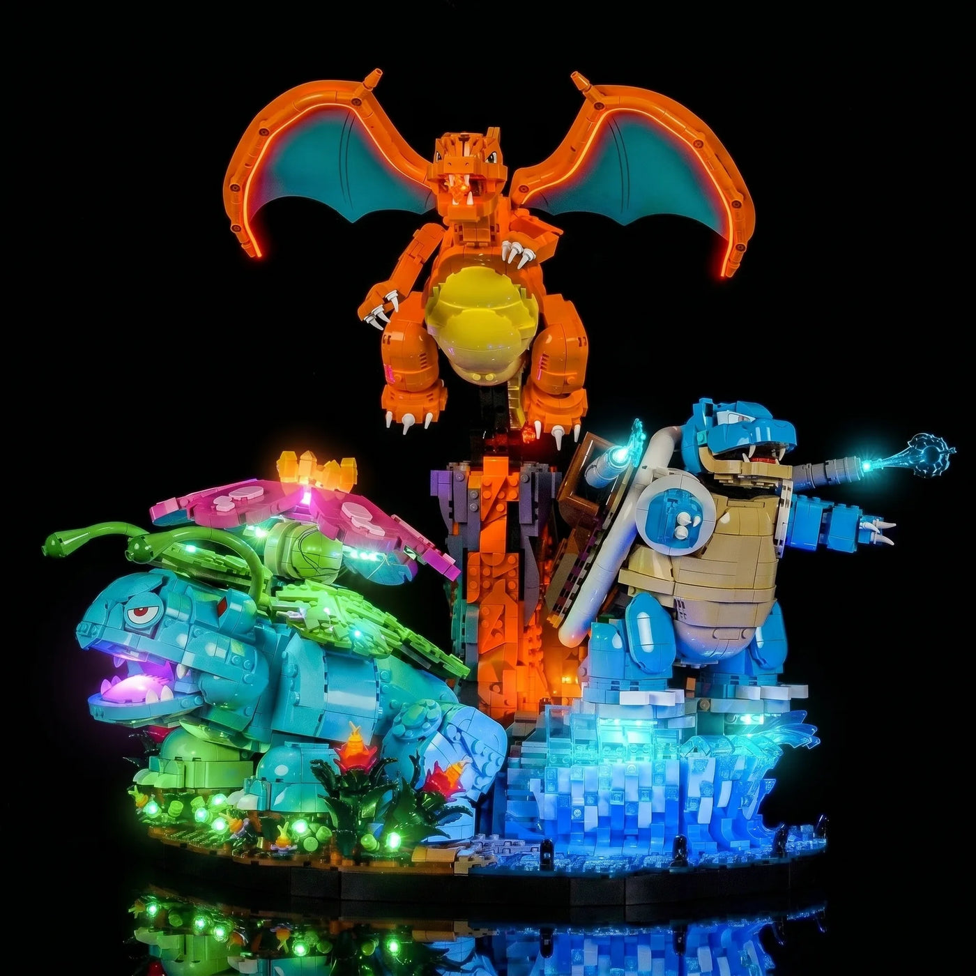 LEGO® Pokémon Venusaur Charizard Blastoise #72153 side angle with lights on, with the RGB LED light kit