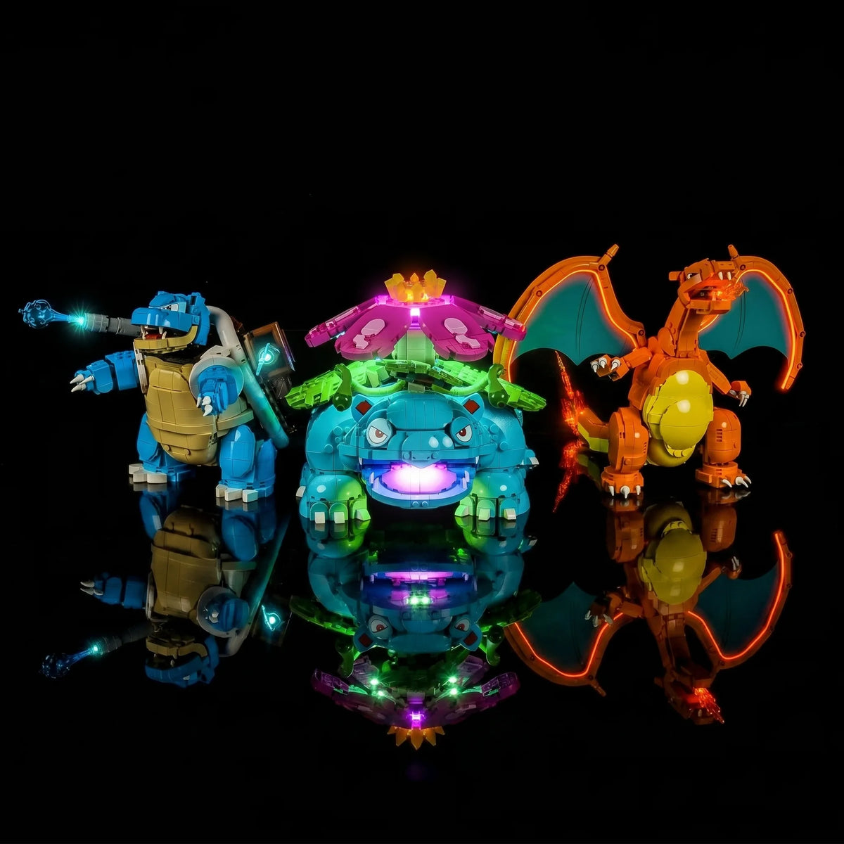 LEGO® Pokémon Venusaur Charizard Blastoise #72153 side angle with lights on, with the LED lighting kit