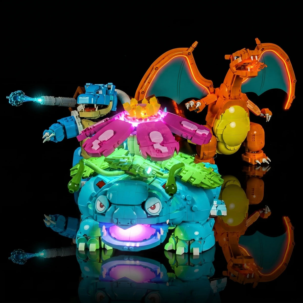 Bright My Bricks LED lights for LEGO® Pokémon Venusaur Charizard Blastoise #72153 — before-and-after lighting