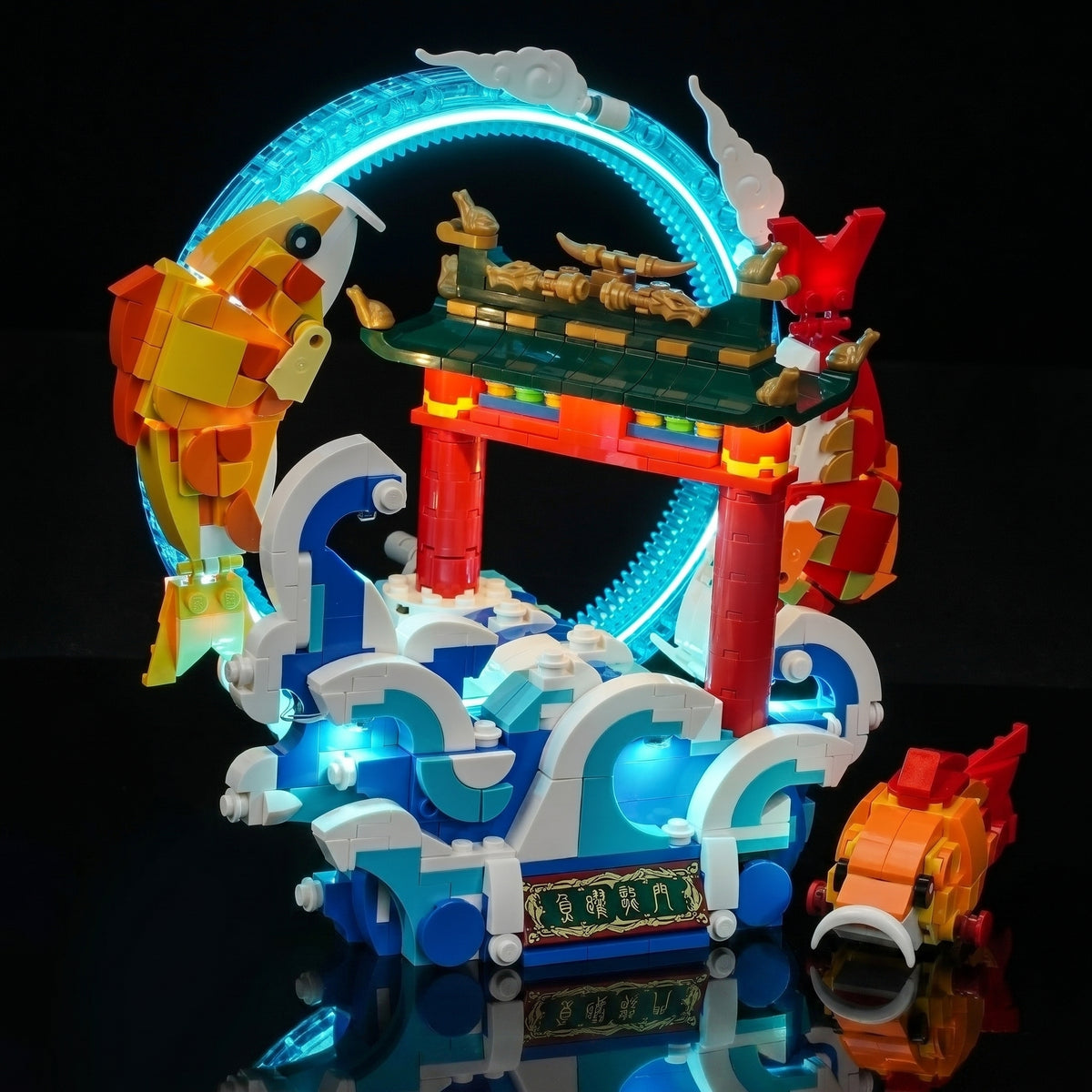 fully illuminated on display: Bright My Bricks LED lighting kit for LEGO® Prosperity Carp Leaping #80120