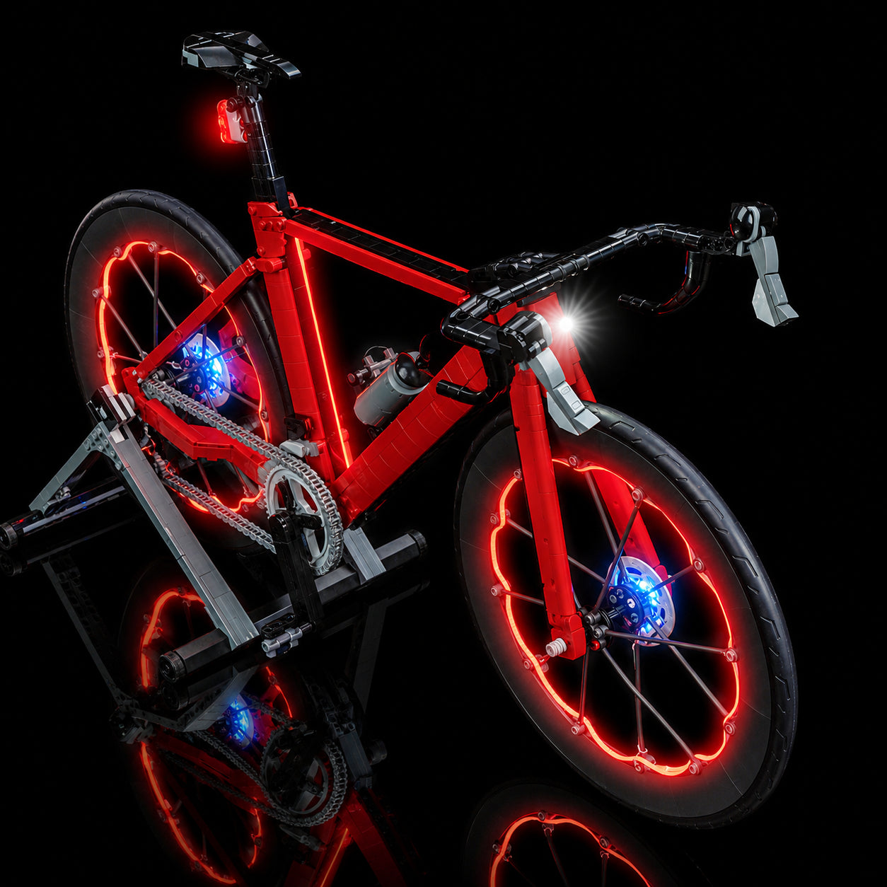 Close-up of LED lights on LEGO Road Bike #11380