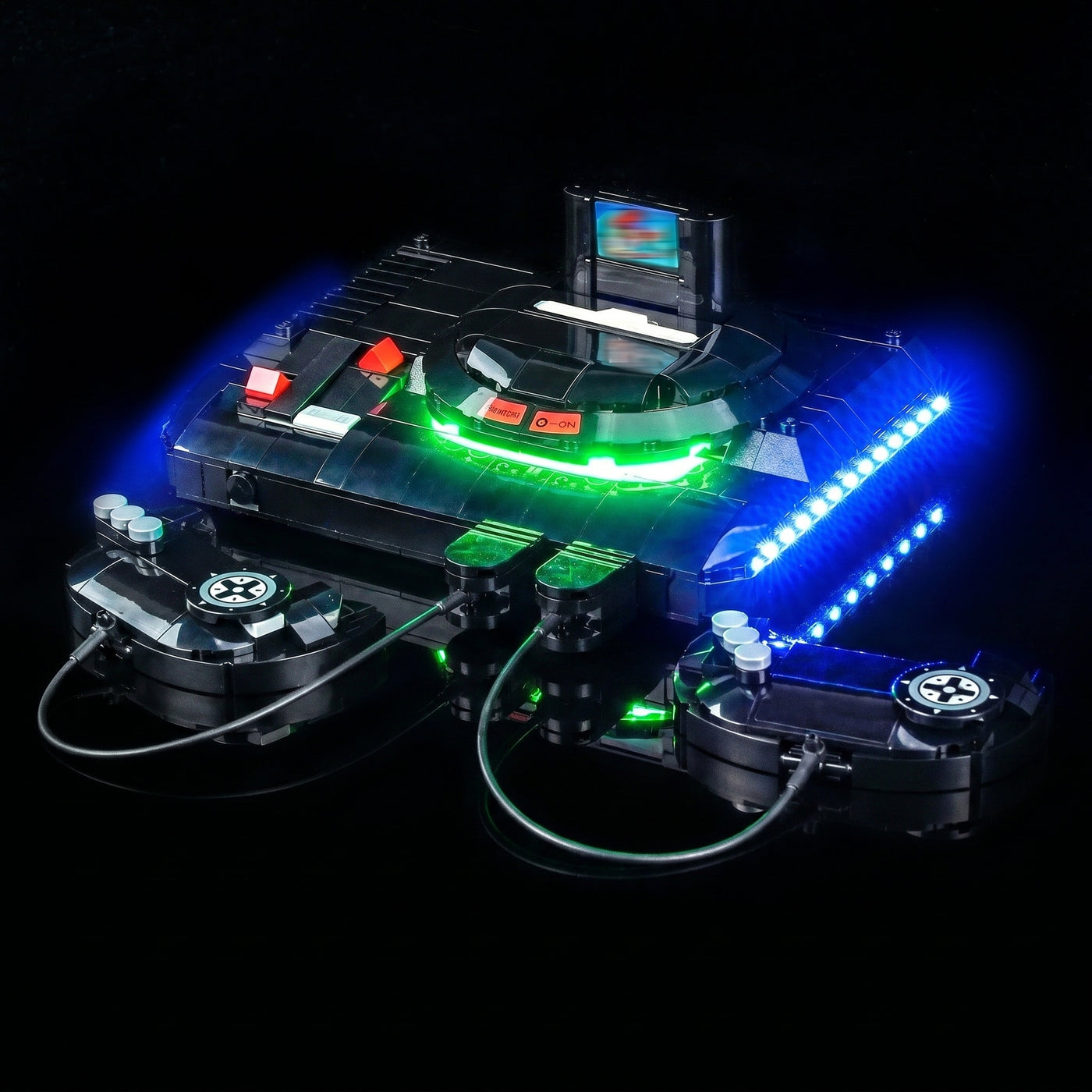 Bright My Bricks RGB LED light kit for LEGO® SEGA Genesis Console #40926 — front view fully lit