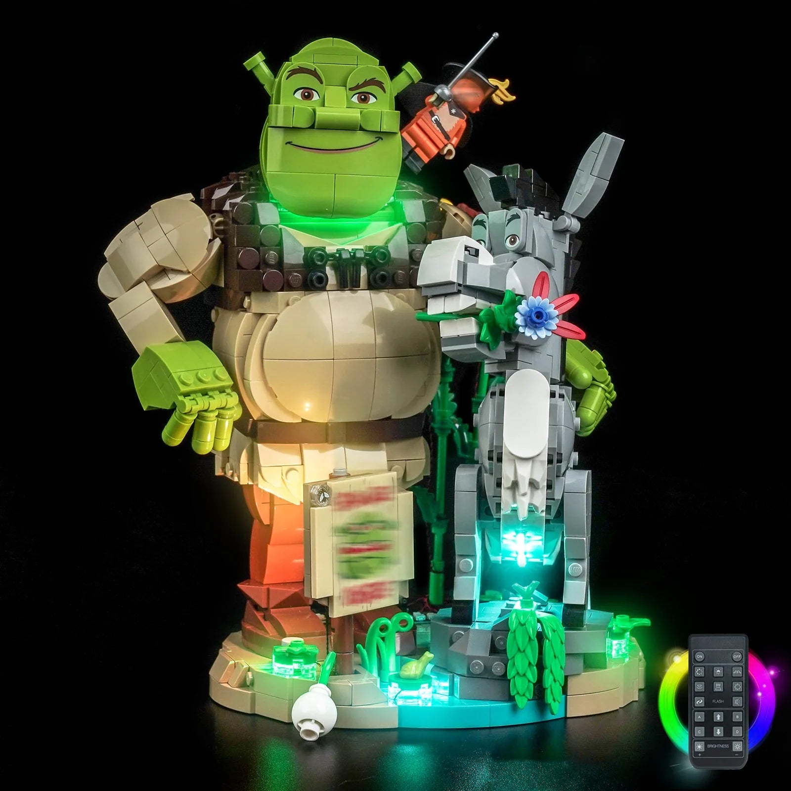 LEGO Shrek Donkey and Puss in Boots #72423 with LED lights installed