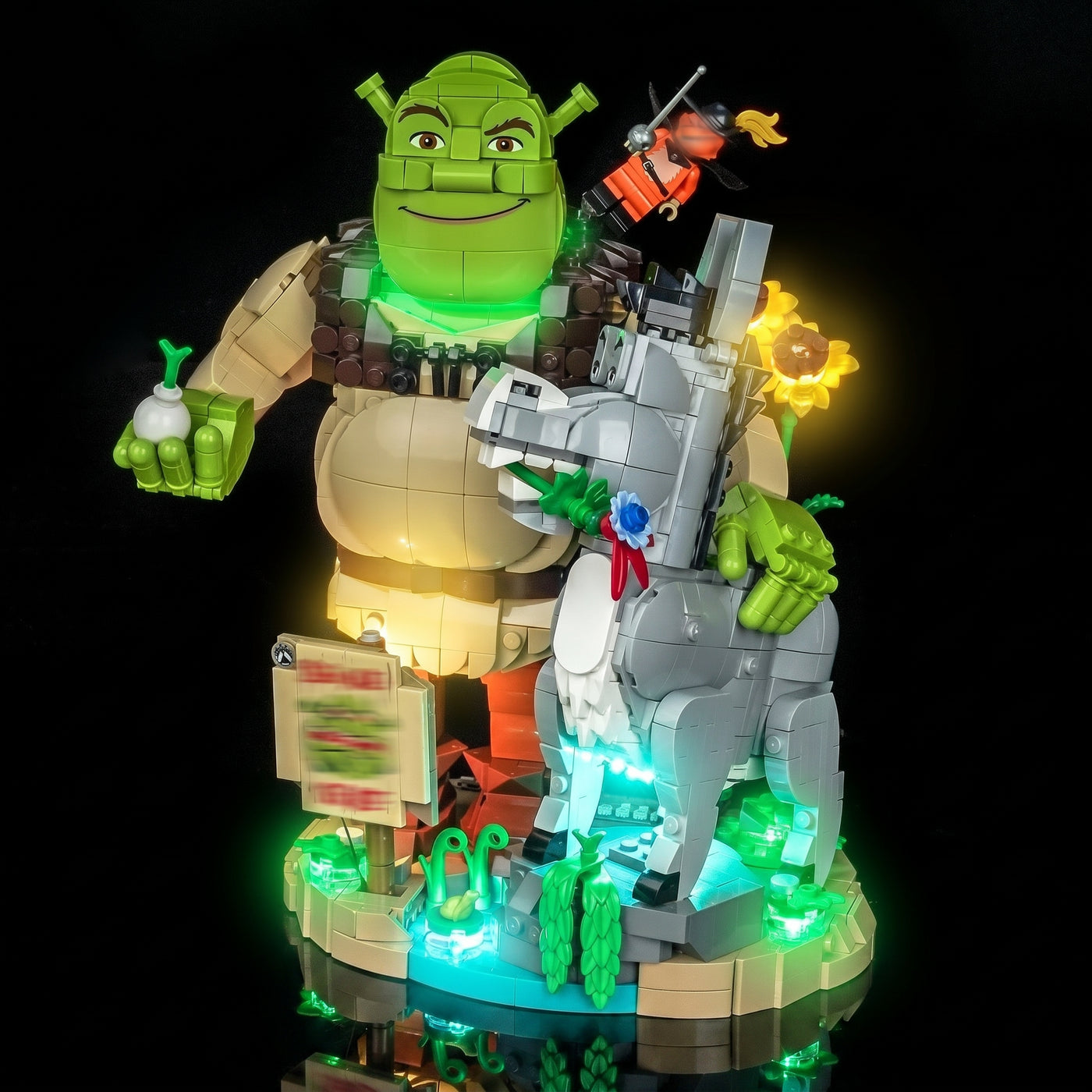 LED lighting kit for LEGO® Shrek, Donkey & Puss in Boots #72423, display lighting in a dark room