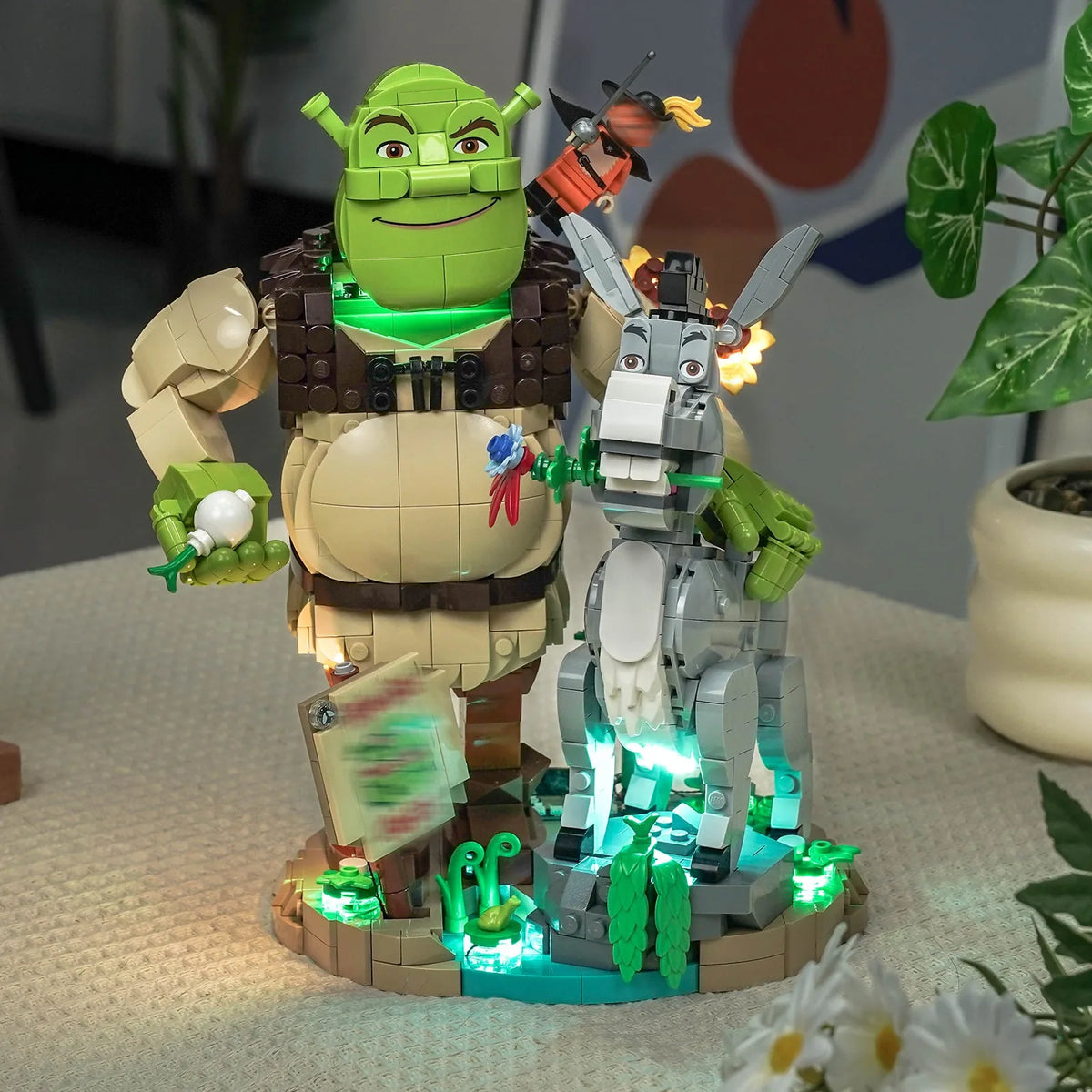 fully illuminated on display: Bright My Bricks custom LED lighting for LEGO® Shrek, Donkey & Puss in Boots #72423