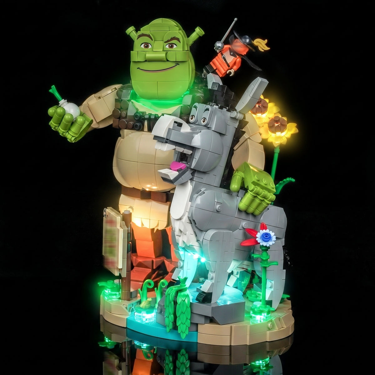 LED light kit for LEGO® Shrek, Donkey & Puss in Boots #72423, side angle with lights on