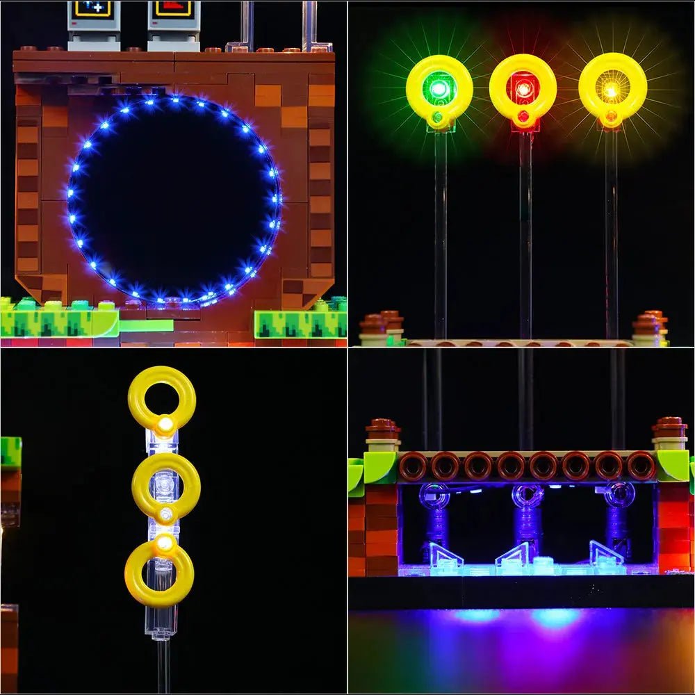 LEGO® Sonic the Hedgehog #21331 display lighting in a dark room, with the USB-powered LED light kit