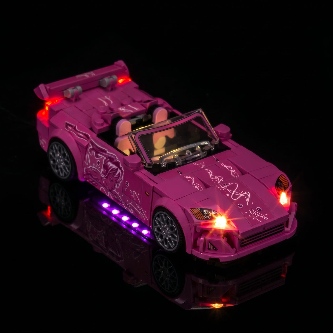 LEGO® Speed Champions 2 Fast 2 Furious Honda S2000 #77241 LED kit powered on, with the premium LED light kit