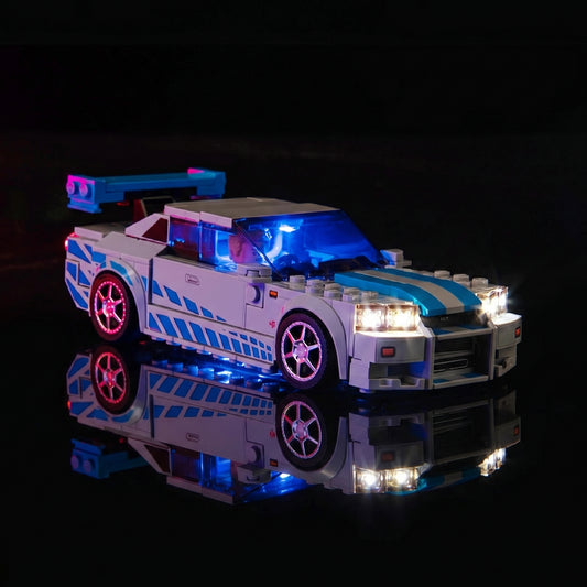 LEGO® Speed Champions 2 Fast 2 Furious Nissan Skyline GT-R (R34) #76917 — illuminated at night (custom LED lighting)