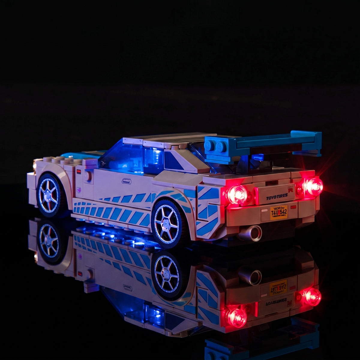 LEGO® Speed Champions 2 Fast 2 Furious Nissan Skyline GT-R (R34) #76917 — LED kit powered on (custom LED lighting)