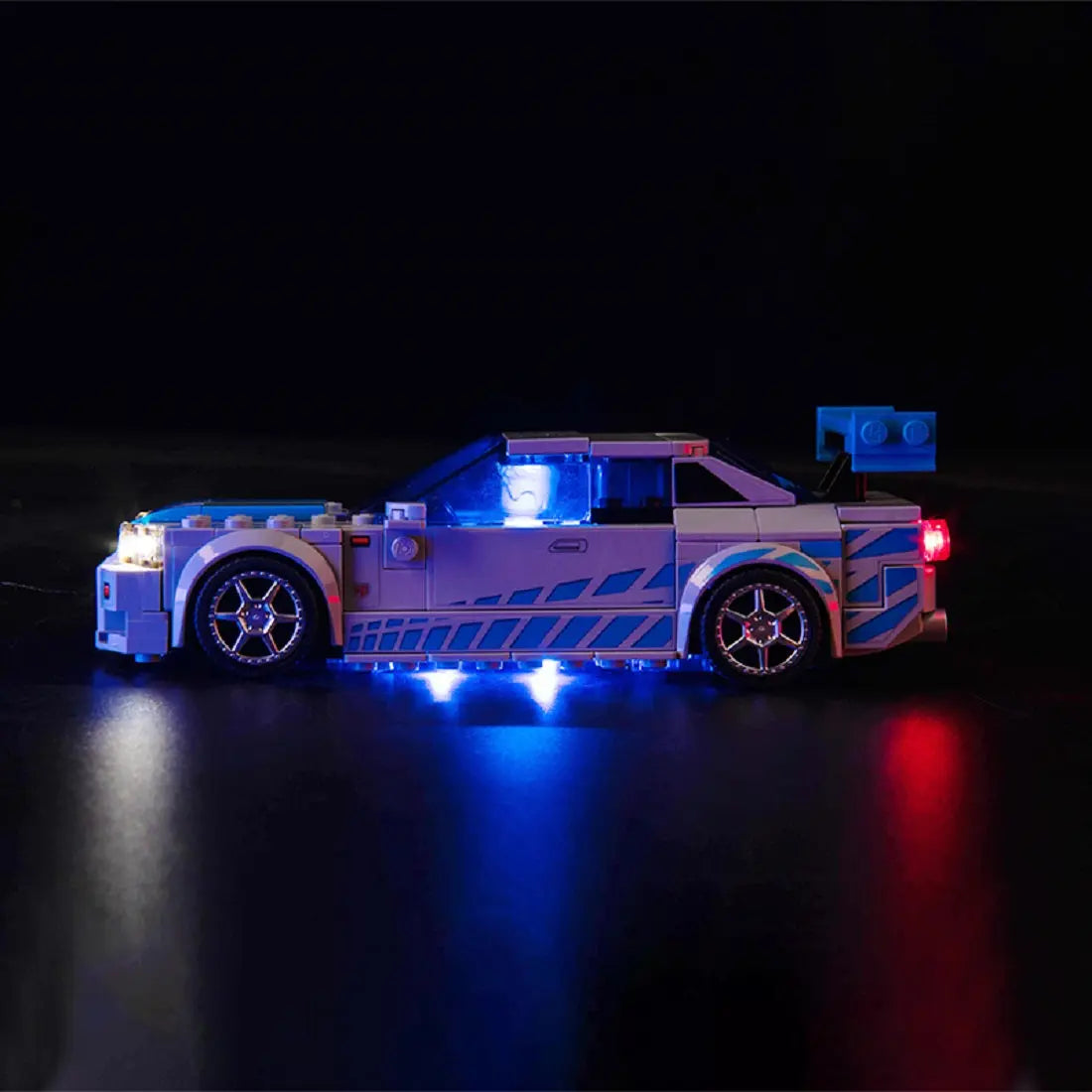 Close-up of LED lights on LEGO Speed Champions 2 Fast 2 Furious Nissan Skyline GT-R (R34) #76917