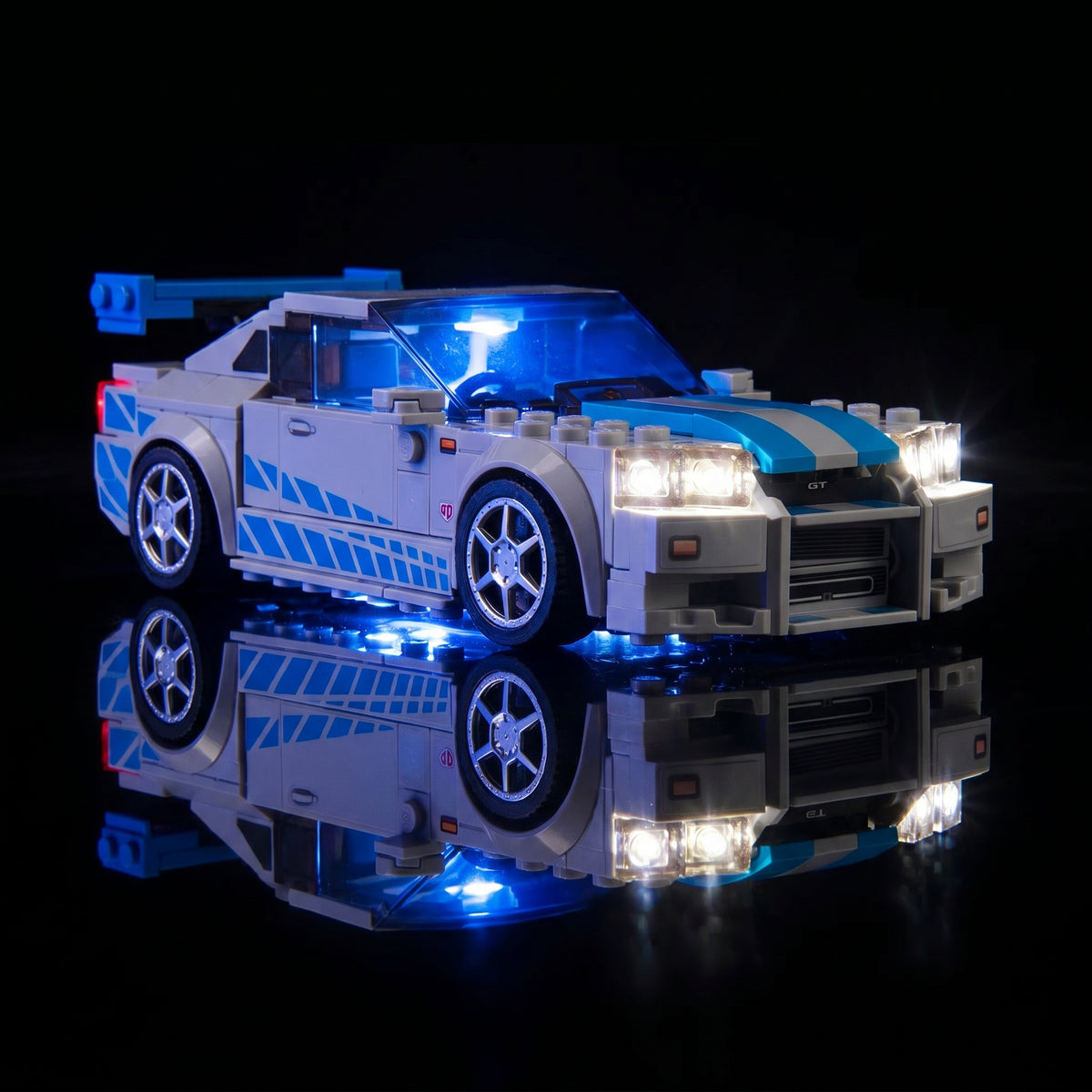 RGB LED light kit for LEGO® Speed Champions 2 Fast 2 Furious Nissan Skyline GT-R (R34) #76917, lighting effect on the build