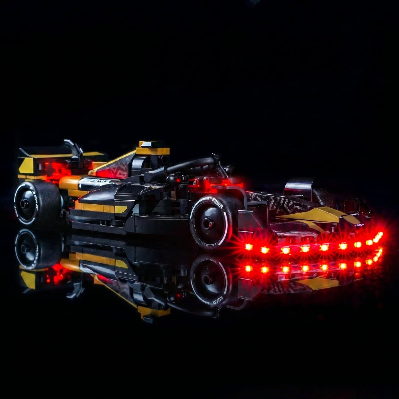 LEGO® Speed Champions APXGP Team Race Car from F1 The Movie #77252 LED kit powered on, with the display light kit