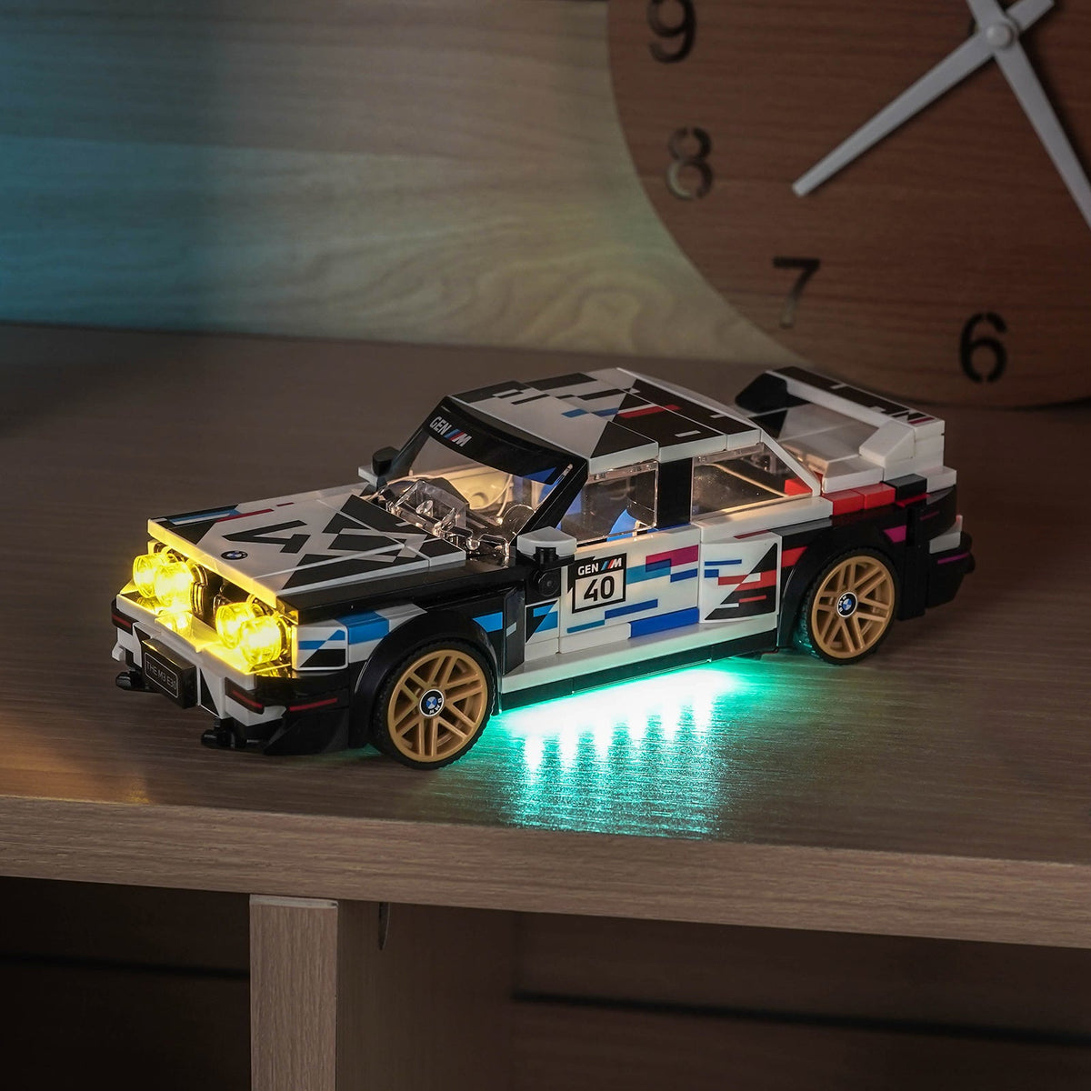 Bright My Bricks LED light kit for LEGO® Speed Champions BMW M3 (E30) #77263 — fully illuminated on display