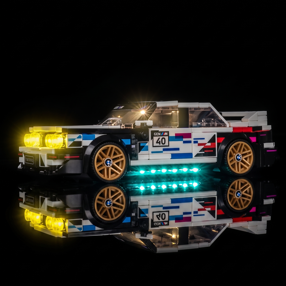 LEGO® Speed Champions BMW M3 (E30) #77263 the red tail lamps glowing, with the USB-powered LED light kit