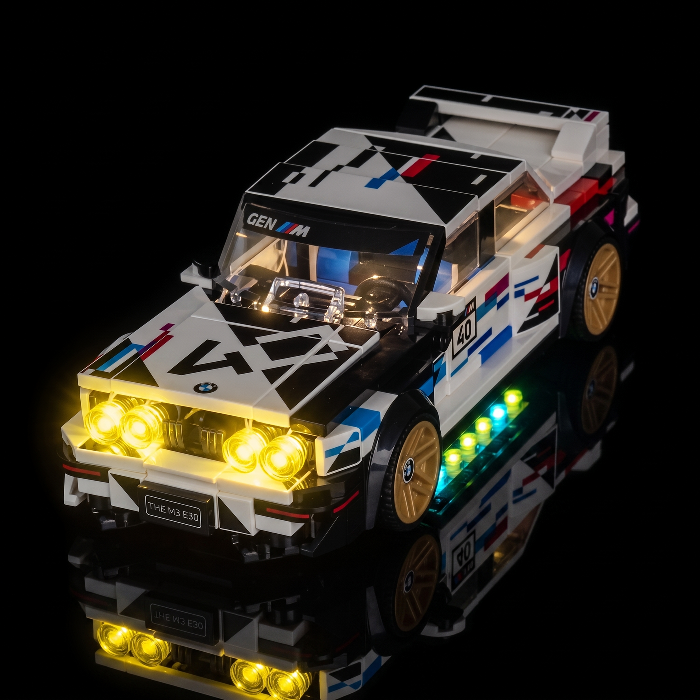 cyan underglow along the sills: Bright My Bricks LED lighting kit for LEGO® Speed Champions BMW M3 (E30) #77263