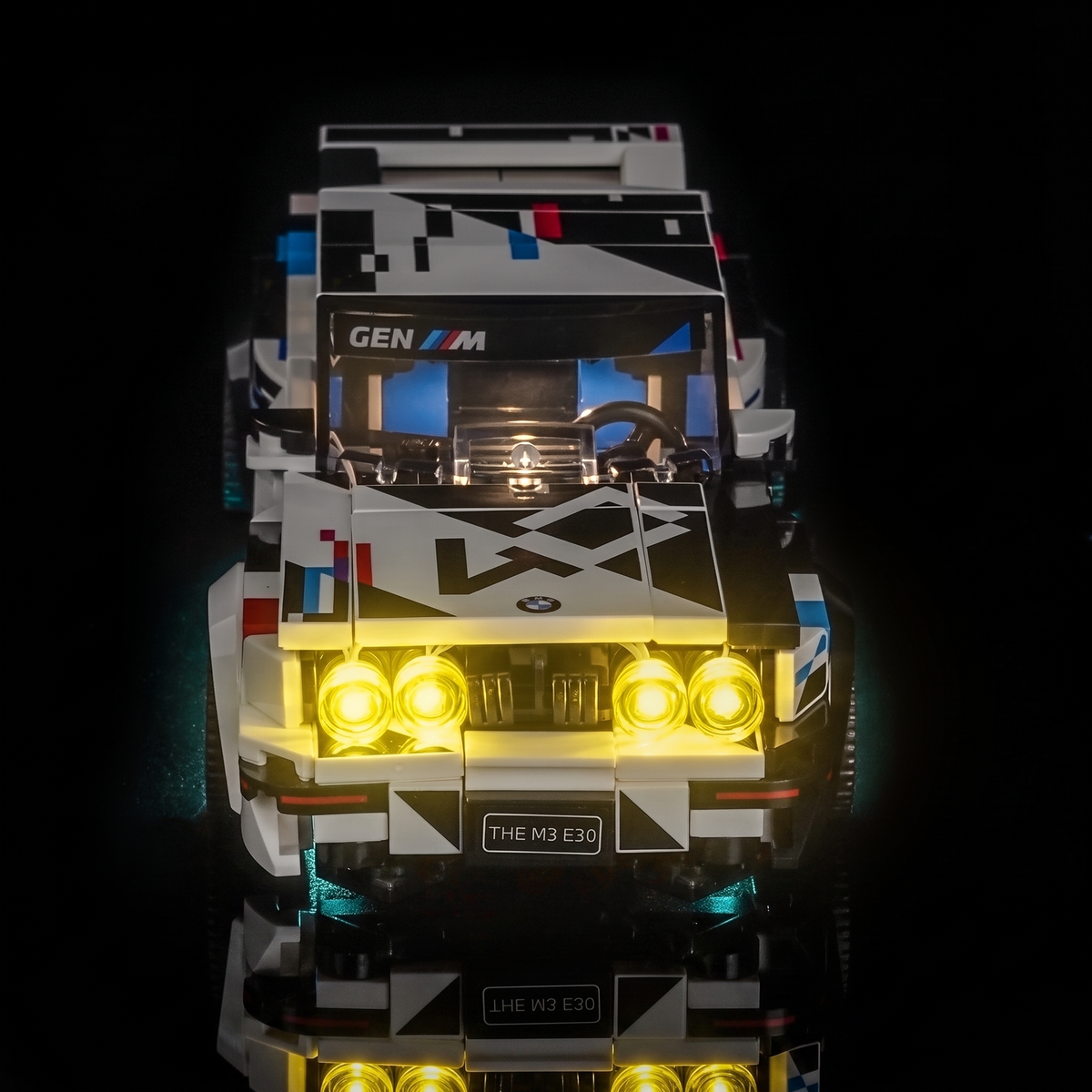 light kit for LEGO® Speed Champions BMW M3 (E30) #77263, seen from the front, headlights on