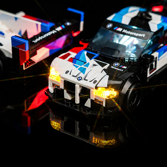LEGO® Speed Champions BMW M4 GT3 & BMW M Hybrid V8 Race Cars #76922 night-mode display glow, with the RGB LED light kit