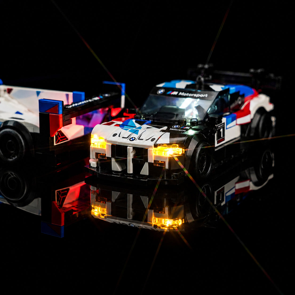 LEGO® Speed Champions BMW M4 GT3 & BMW M Hybrid V8 Race Cars #76922 — LED kit powered on (DIY LED light kit)