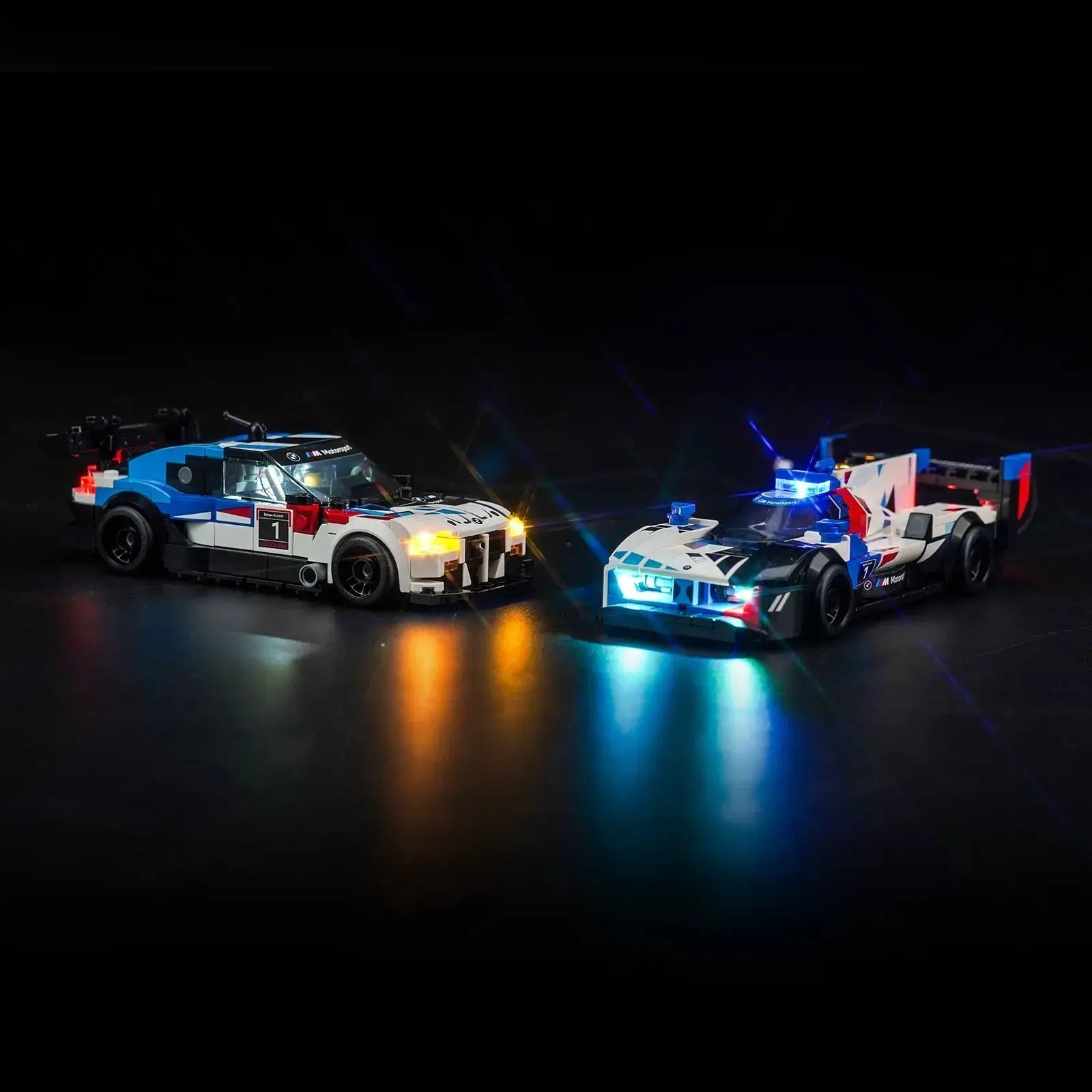 LEGO Speed Champions BMW M4 GT3 & BMW M Hybrid V8 Race Cars #76922 illuminated at night