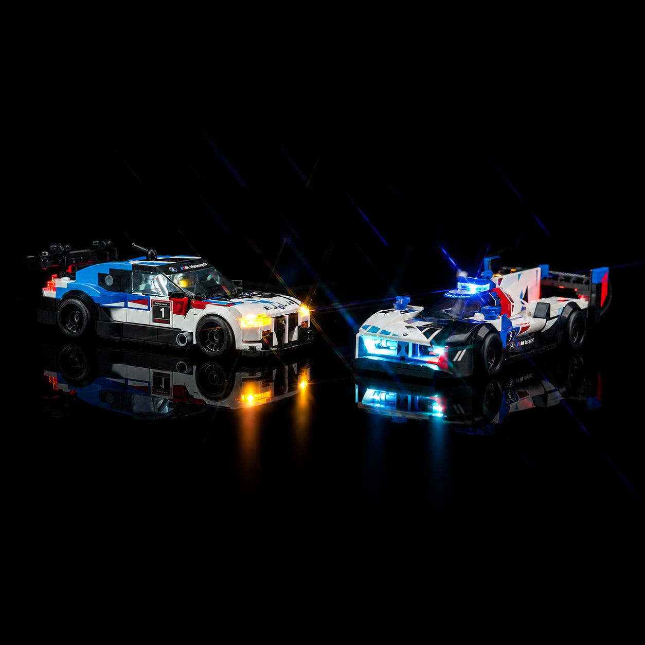 LEGO® Speed Champions BMW M4 GT3 & BMW M Hybrid V8 Race Cars #76922 front view fully lit, with the custom LED lighting