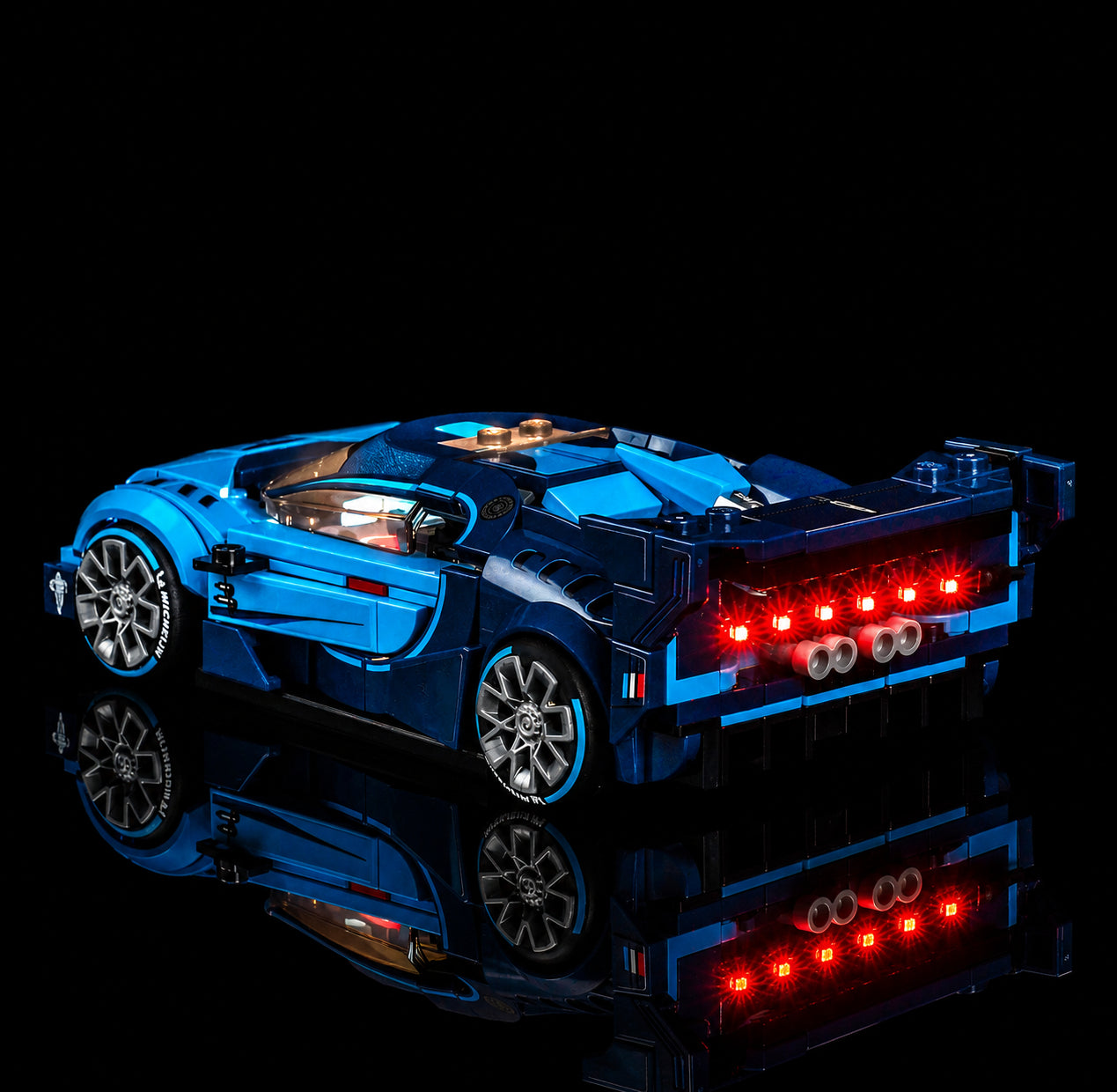 LEGO® Speed Champions Bugatti Vision GT Hyper Sports Car #77253 installed and glowing, with the custom LED lighting