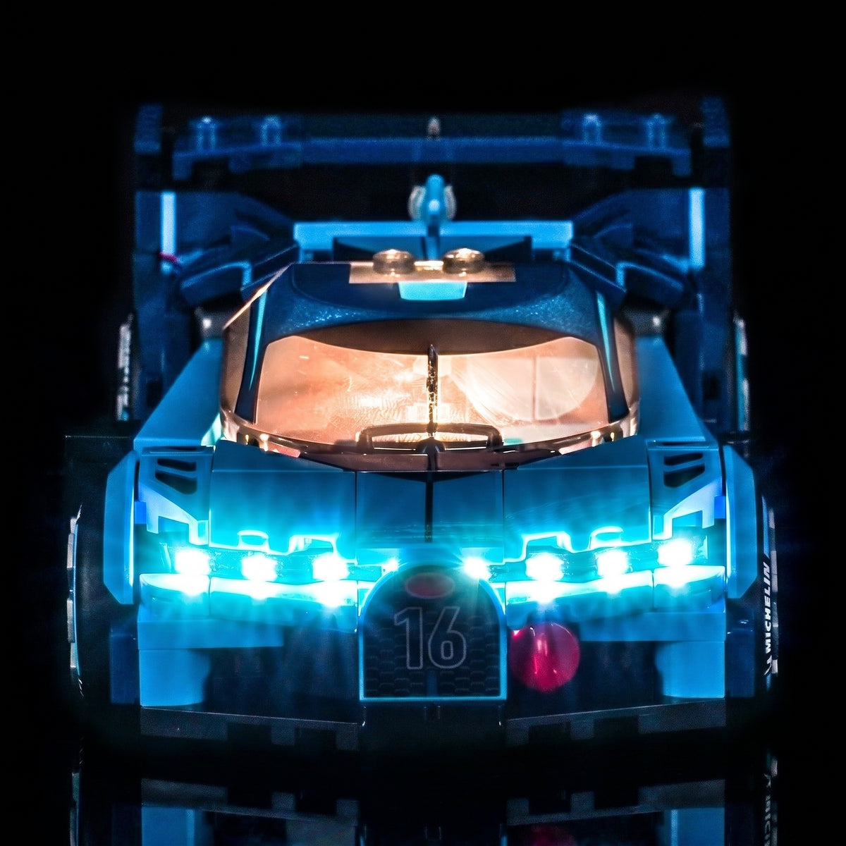 LEGO® Speed Champions Bugatti Vision GT Hyper Sports Car #77253 — front view fully lit (RGB LED light kit)
