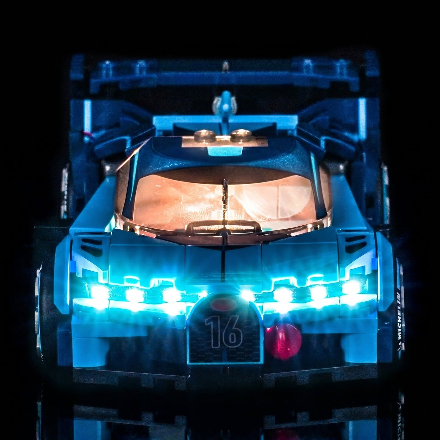 LEGO® Speed Champions Bugatti Vision GT Hyper Sports Car #77253 — front view fully lit (RGB LED light kit)